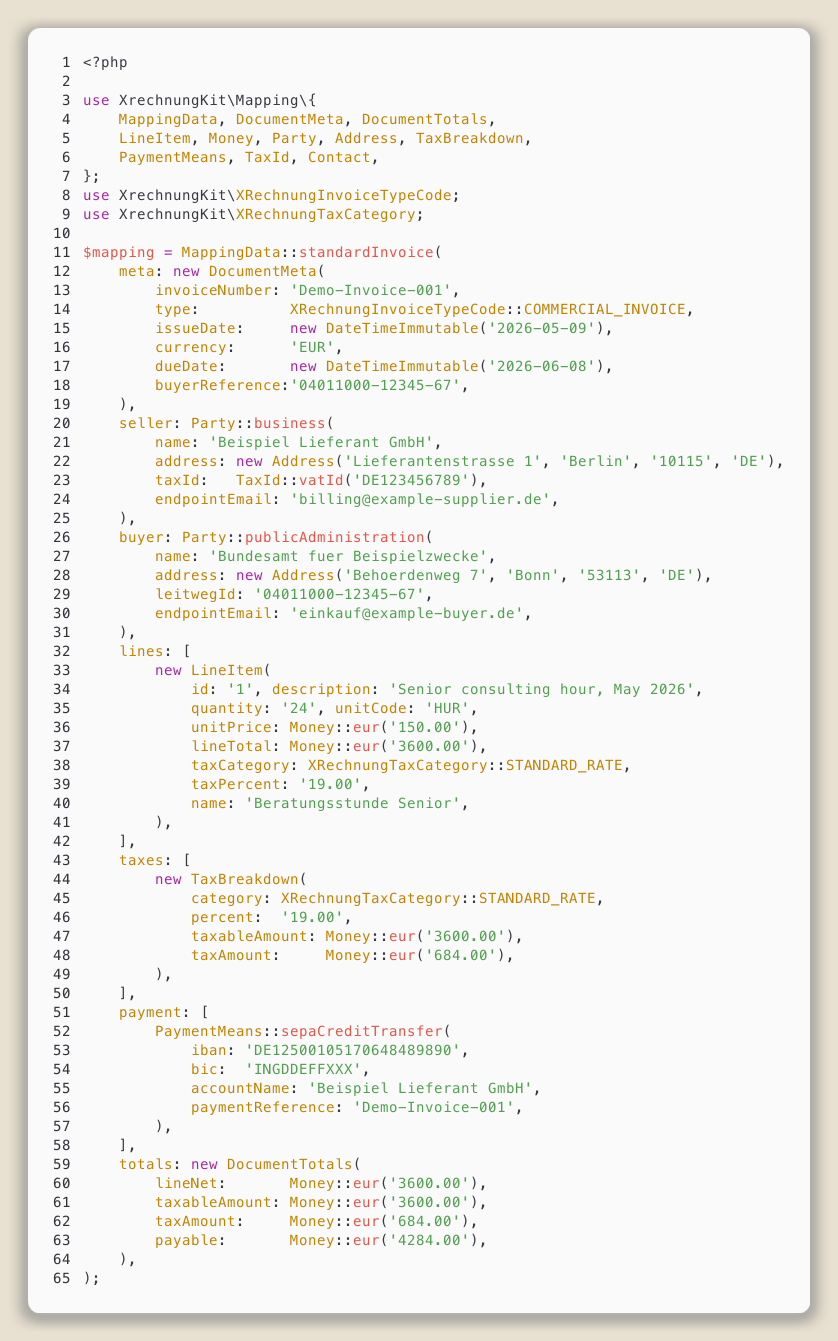 PHP code: building MappingData with named constructors