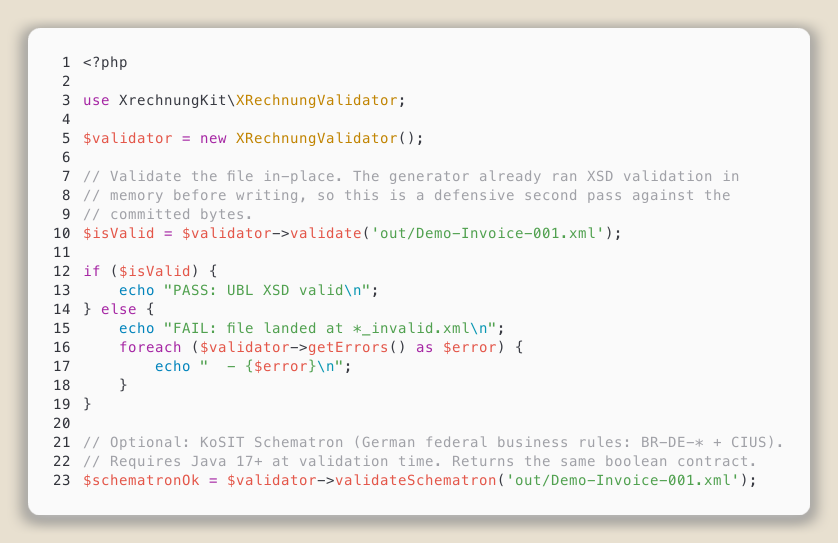 PHP: XRechnungValidator usage with XSD and Schematron passes
