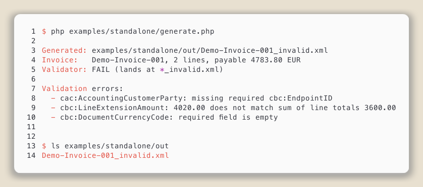 Terminal output: quarantined invalid file, error breakdown, ls of out/