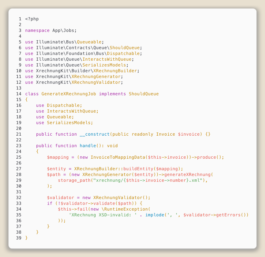 PHP: Laravel queueable job dispatching XRechnung generation